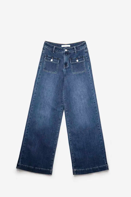 Button Front Pocket Wide Leg Jeans