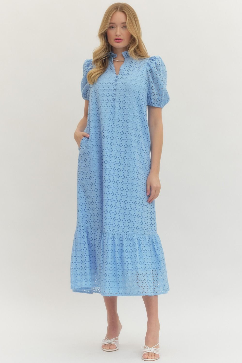 Eyelet Ruffle Mock Neck Midi Dress – Therapy Boutique