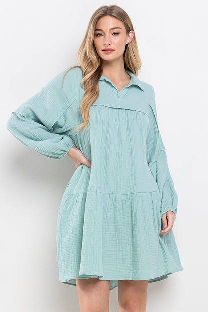 LONG SLEEVE COLLARED BABY DOLL TIERED GAUZE DRESS