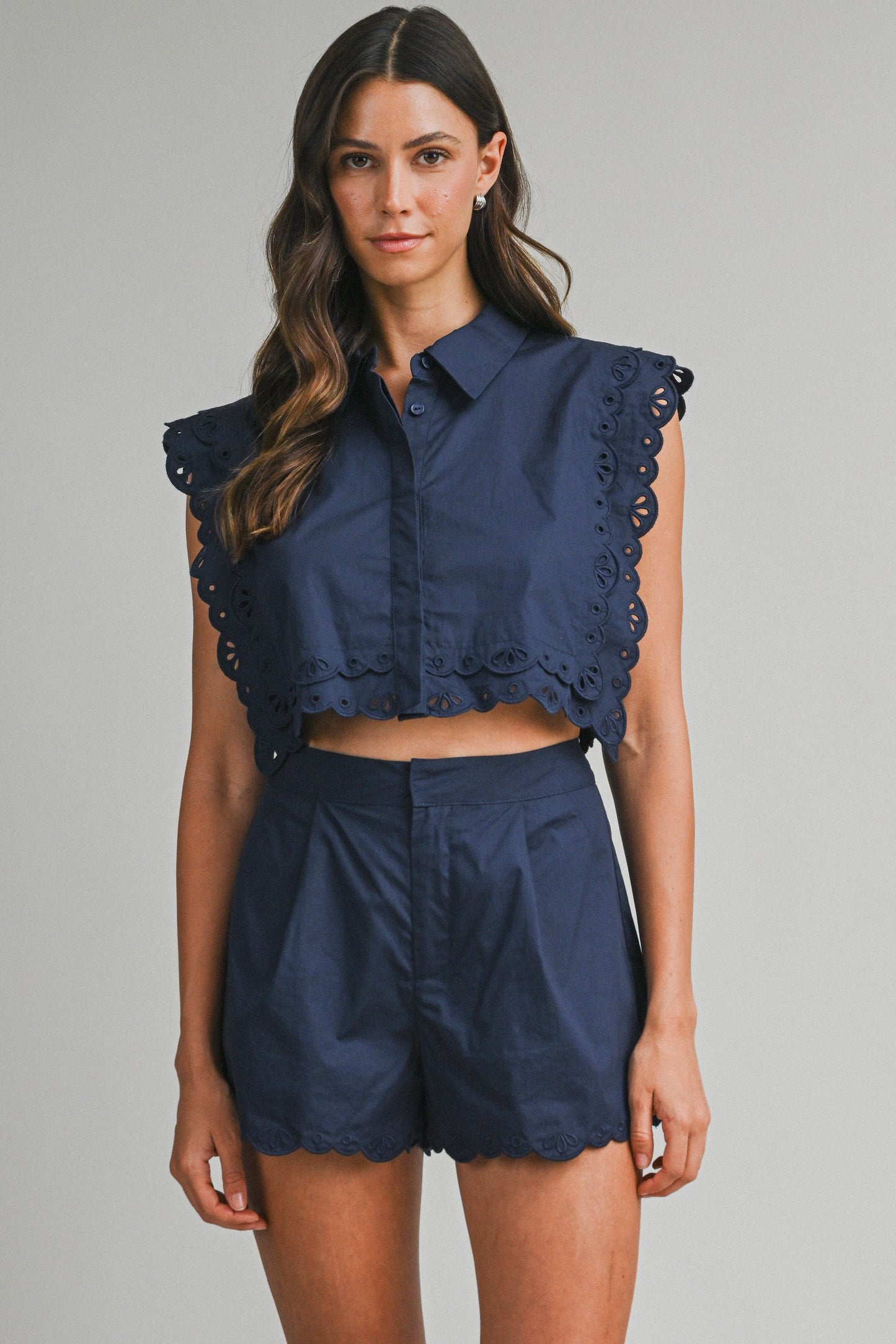 Cut Out Embroidered Crop Top & Shorts Set