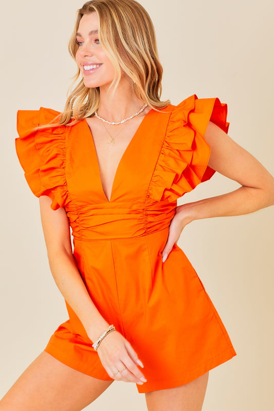 ROMPER WITH V NECK & RUFFLE SLEEVES
