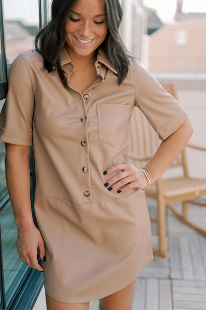 SHORT SLEEVE BUTTON UP LEATHER DRESS