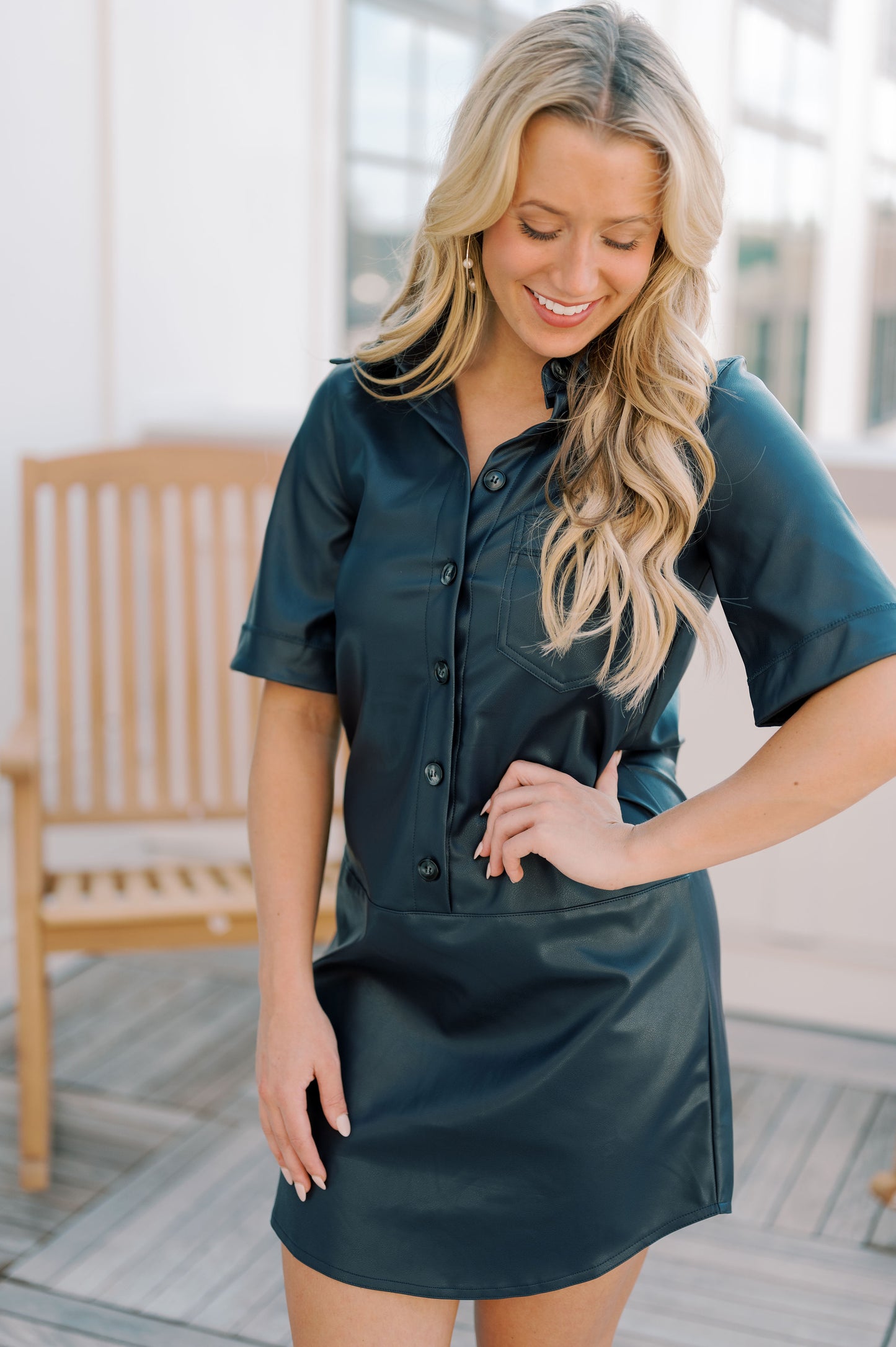 SHORT SLEEVE BUTTON UP LEATHER DRESS