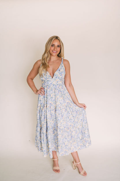 BRAIDED STRAP TIE BACK FLORAL MAXI DRESS