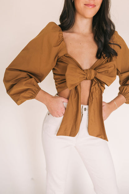 FRONT RIBBON PUFF SLEEVE SELF TIE TOP