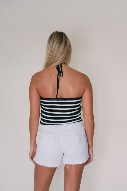 STRIPED KNOT FRONT HALTER NECK KNITTED TOP