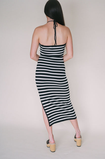 STRIPED KNITTED KNOT FRONT MAXI DRESS