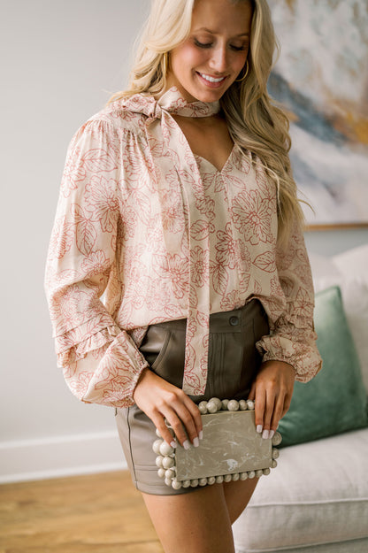 FLORAL PRINT TIE NECK W RUFFLED LS BLOUSE