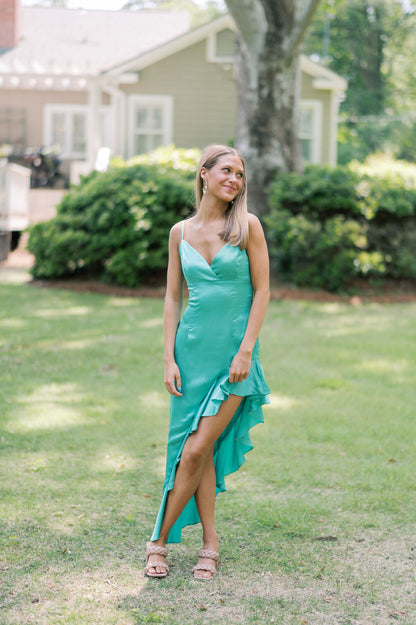 ASYMMETRICAL RUFFLED SATIN MAXI DRESS