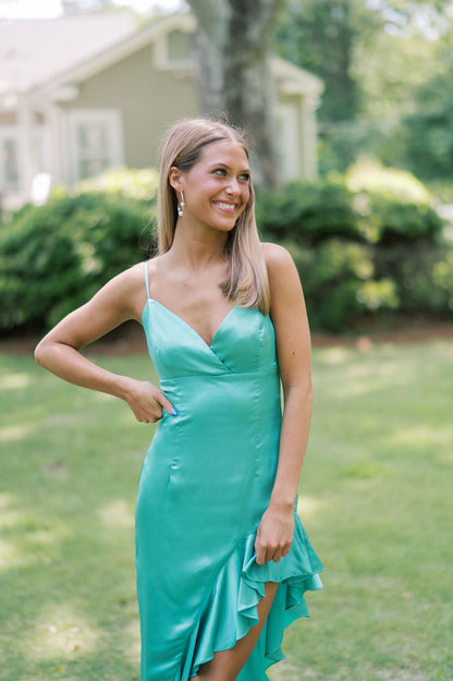 ASYMMETRICAL RUFFLED SATIN MAXI DRESS