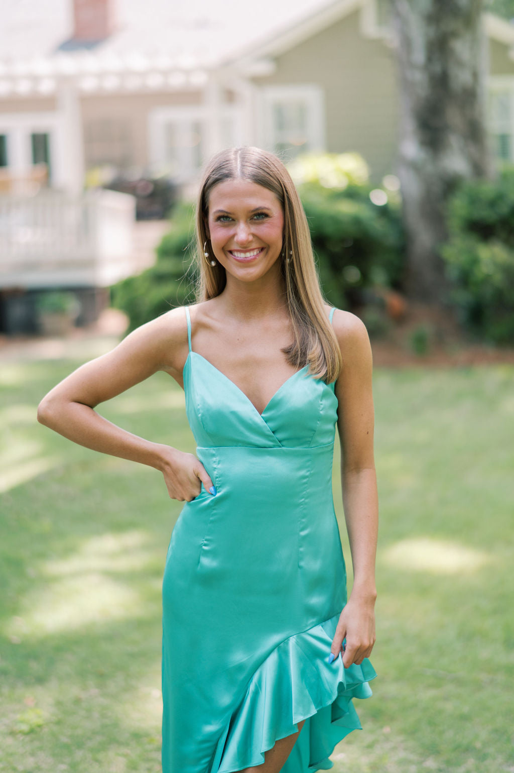 ASYMMETRICAL RUFFLED SATIN MAXI DRESS