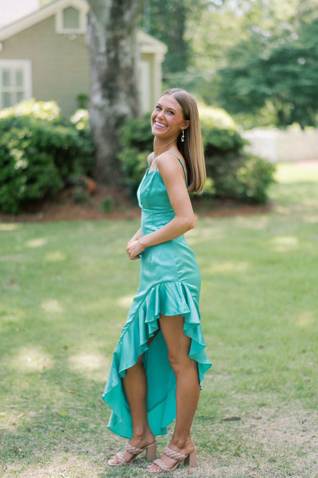 ASYMMETRICAL RUFFLED SATIN MAXI DRESS