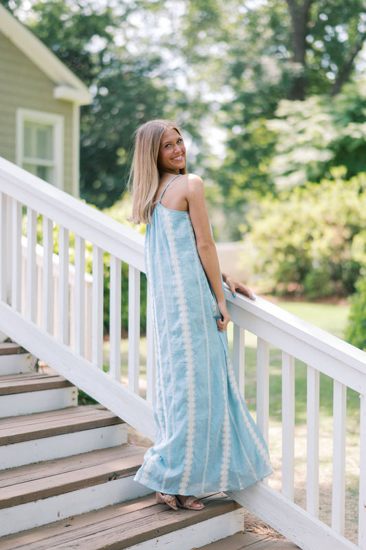 CONTRAST EMBROIDERED GAUZE TUNIC MAXI DRESS