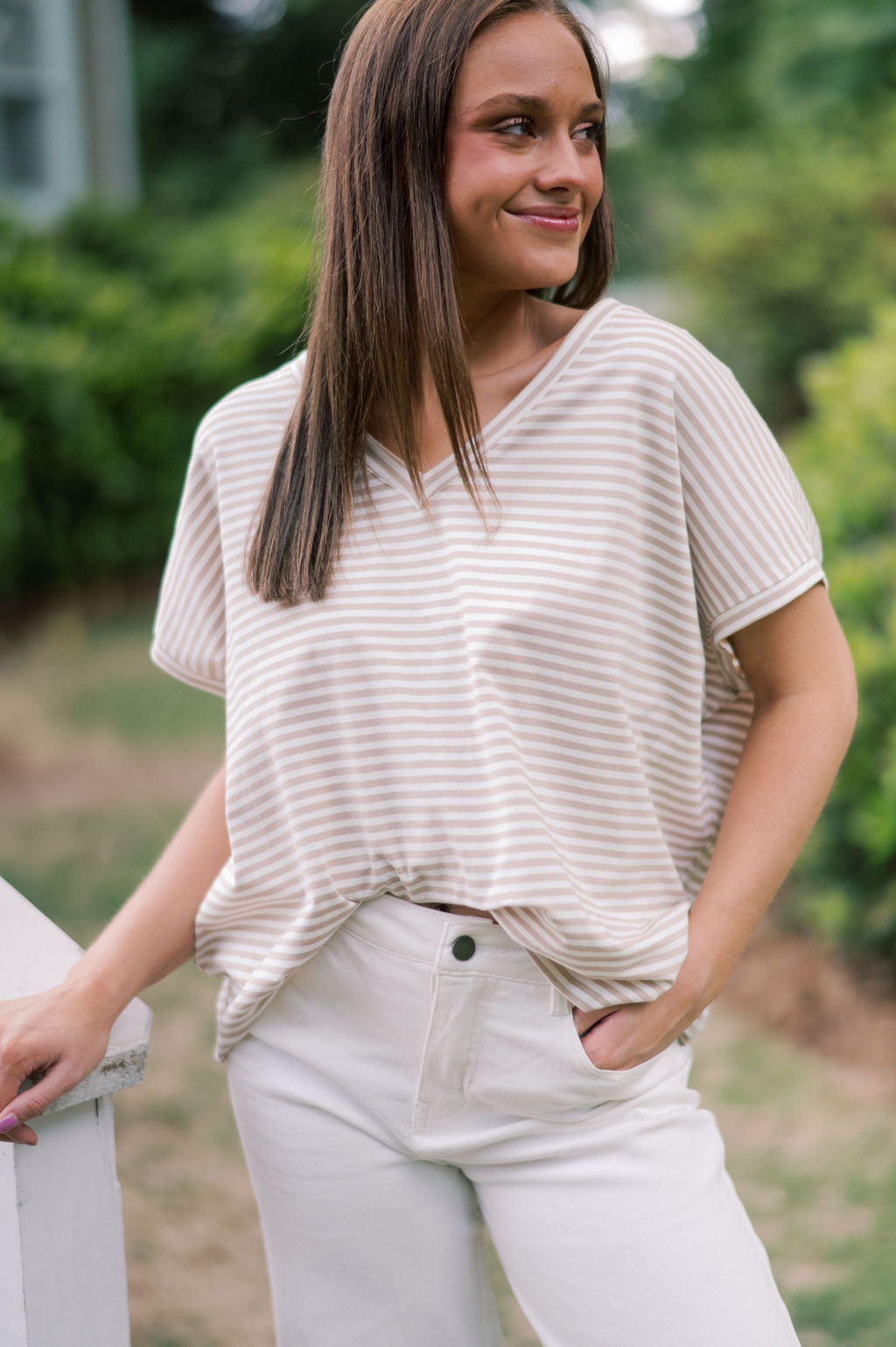 STRIPED KNIT SHORT SLEEVE TOP