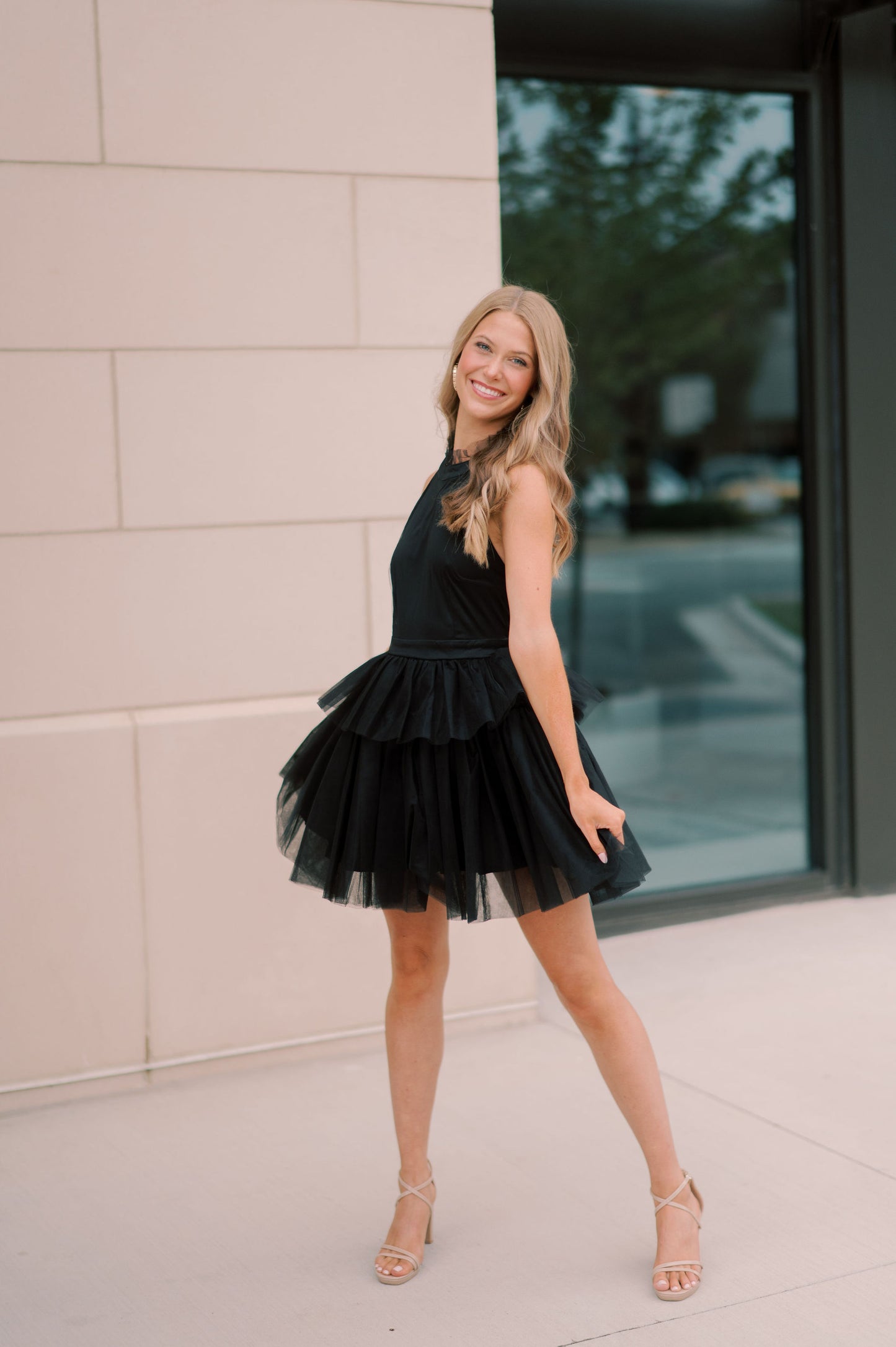 TULLE HALTER MINI DRESS WITH TIE BACK