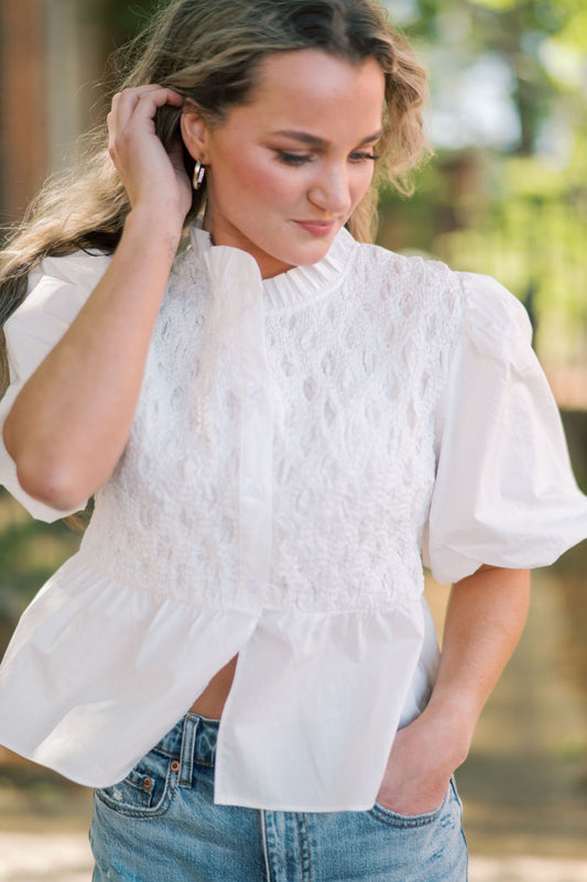 TEXTURED PUFF SLEEVE BUTTON FRONT BLOUSE TOP