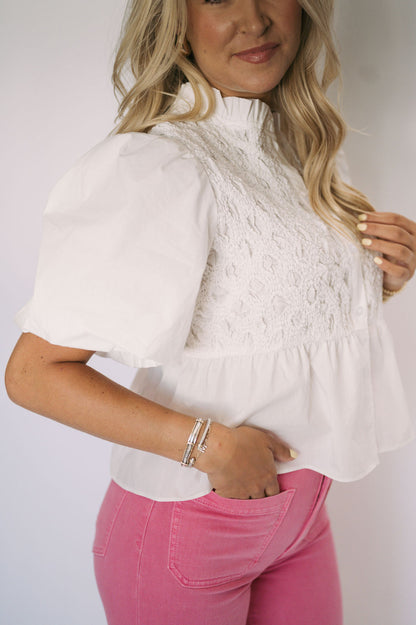 TEXTURED PUFF SLEEVE BUTTON FRONT BLOUSE TOP