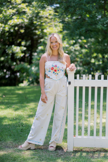 LINEN EMBROIDERED SCARF TOP & PANTS SET