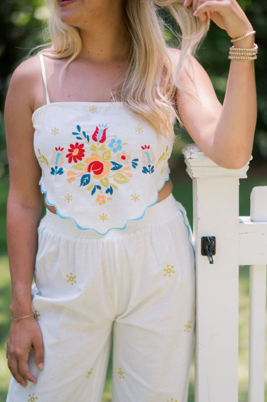 LINEN EMBROIDERED SCARF TOP & PANTS SET