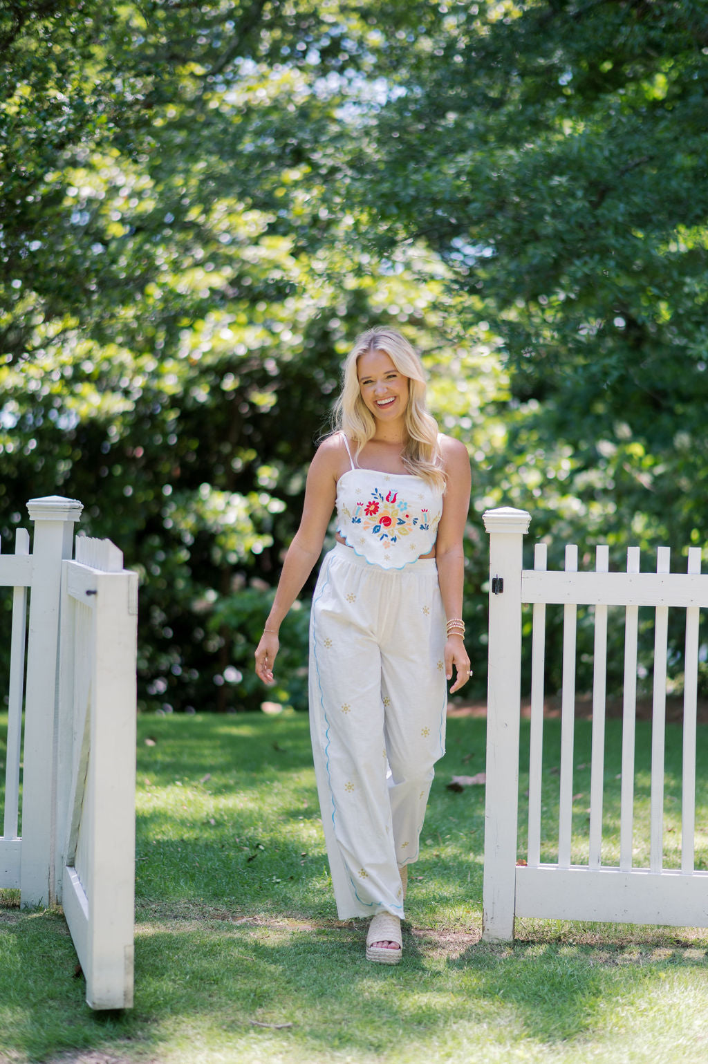 LINEN EMBROIDERED SCARF TOP & PANTS SET