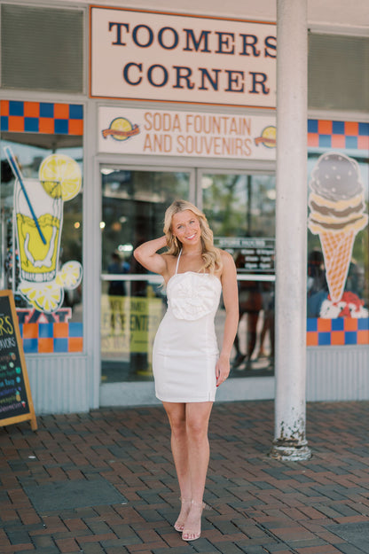 Aurora Rosette Ponte Knit Halter Mini Dress