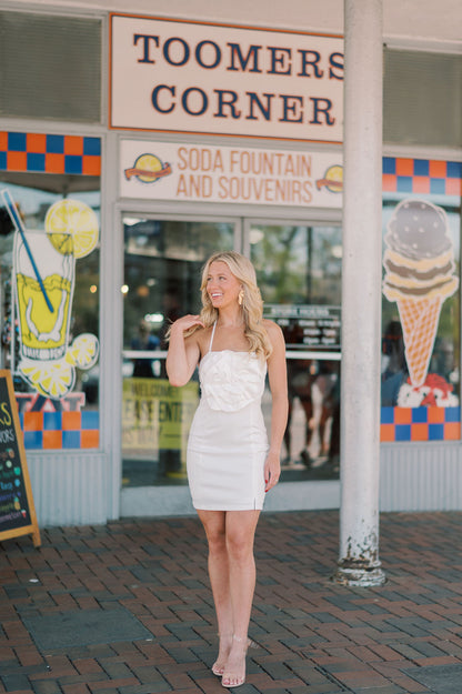 Aurora Rosette Ponte Knit Halter Mini Dress