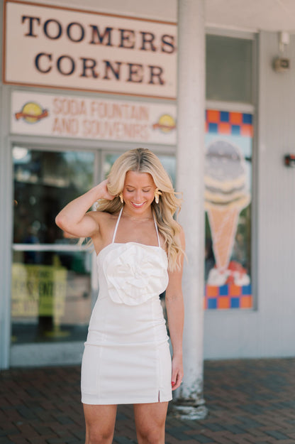 Aurora Rosette Ponte Knit Halter Mini Dress