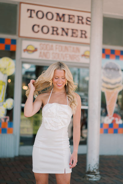 Aurora Rosette Ponte Knit Halter Mini Dress