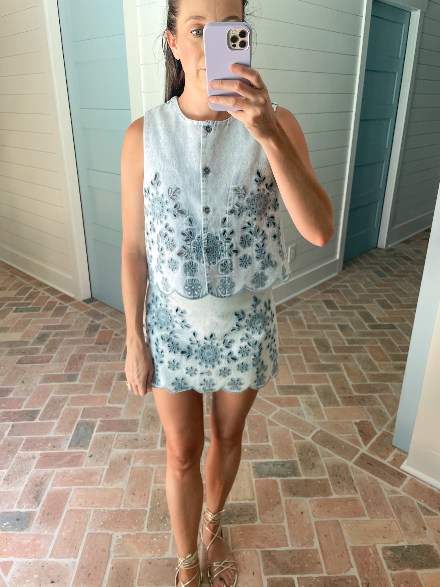 Embroidered Eyelet Washed Vest & Skort Set