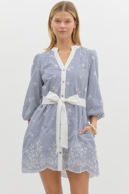 Striped Floral Embroidered Dress