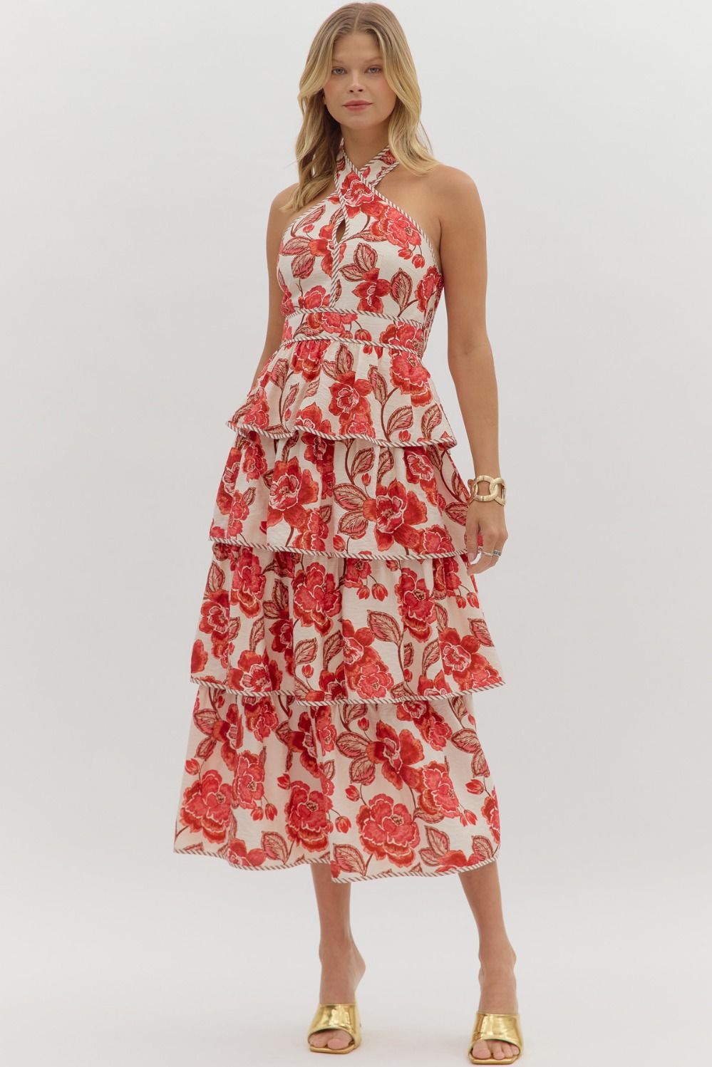 Floral Tiered Halter Bow Midi Dress