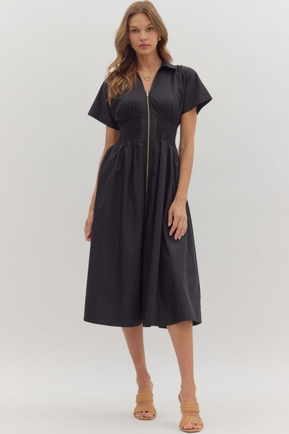 Smocked Front Zipper Midi Dress