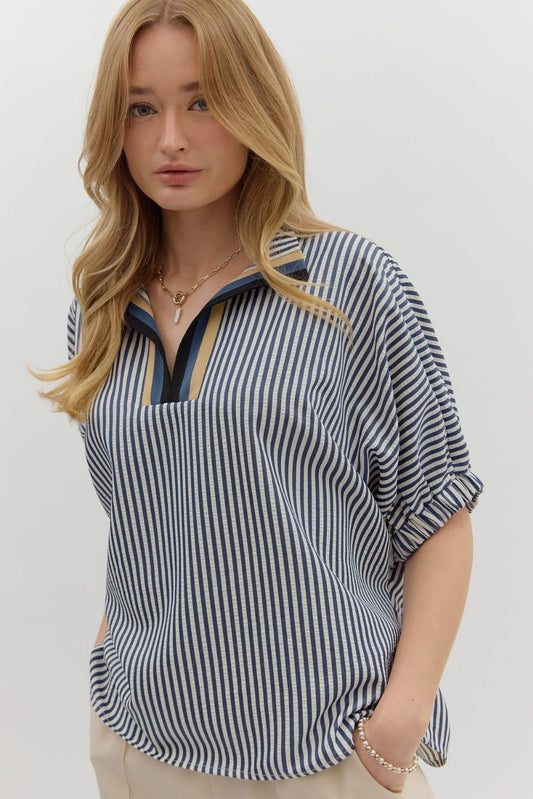 Striped Contrast Band Zip Top