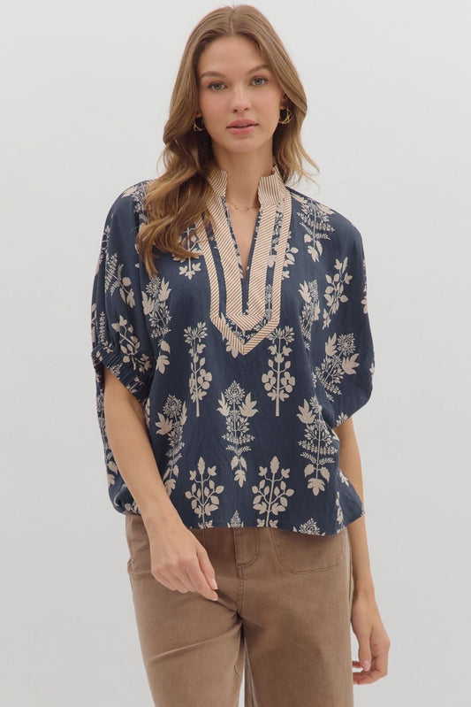 Botanical Print Contrast Band Top