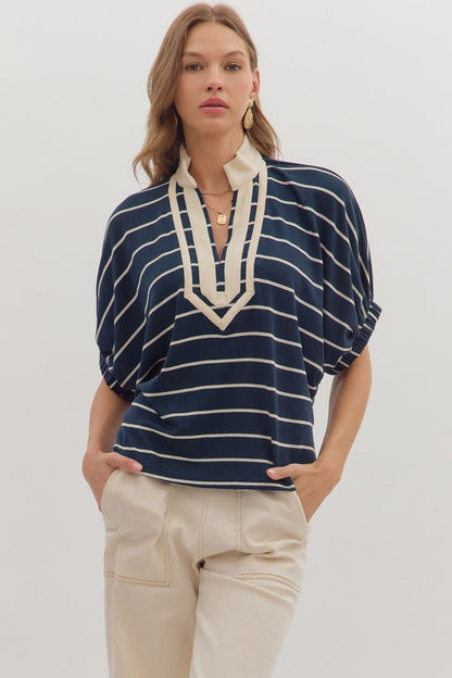 Striped Contrast Trim Dolman Top