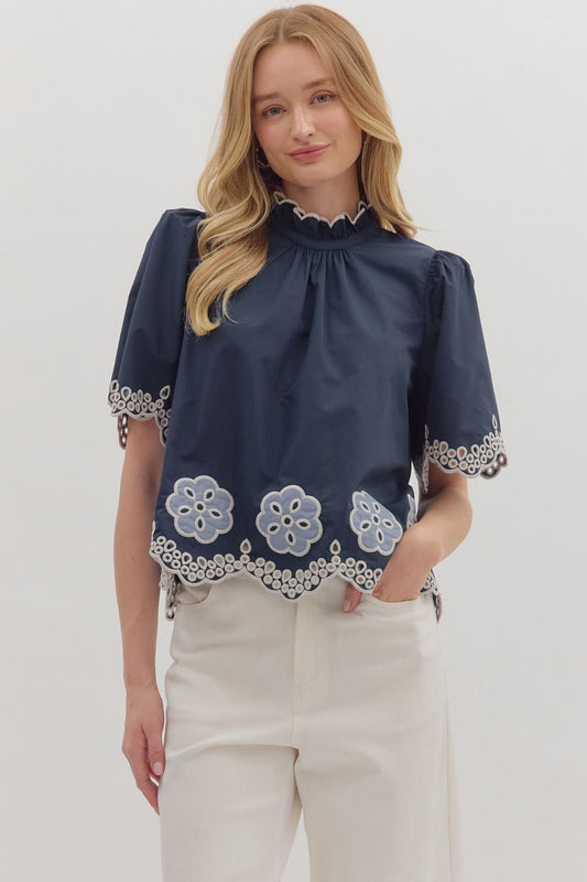 Embroidered Scallop Hem Top