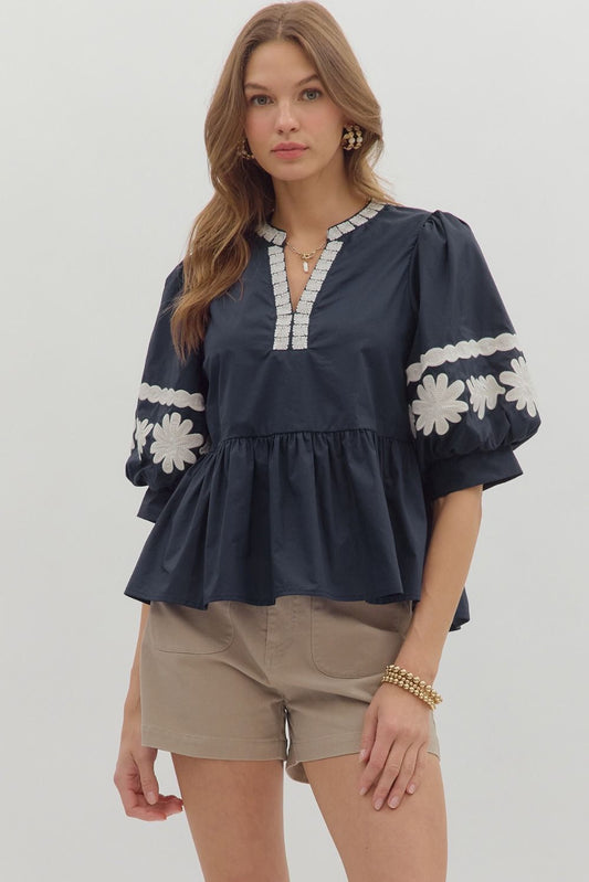 Floral Embroidered Sleeve Top
