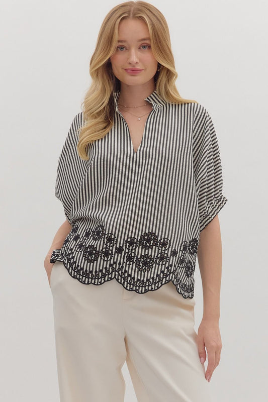 Striped Floral Scallop Hem Top