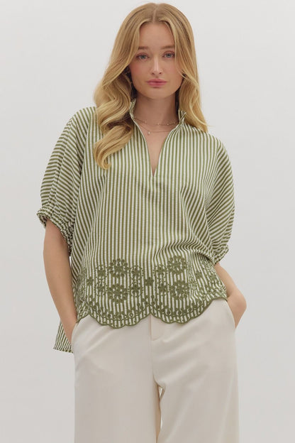 Striped Floral Scallop Hem Top