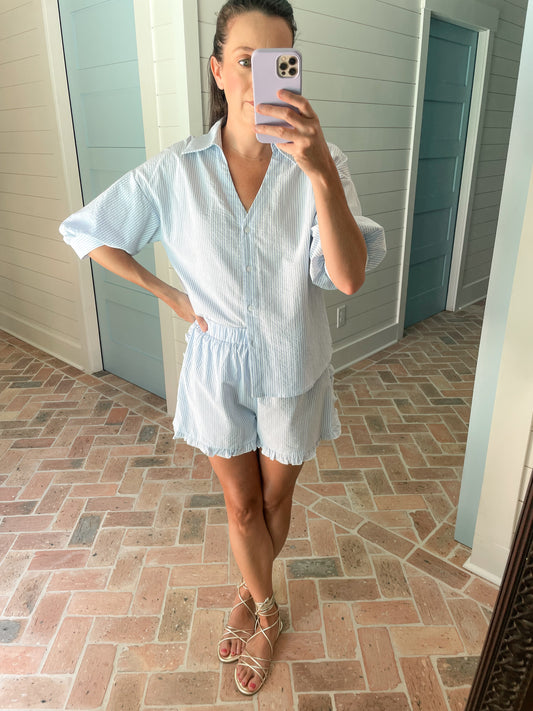 Stripe Bubble Sleeve Blouse & Ruffle Shorts Set