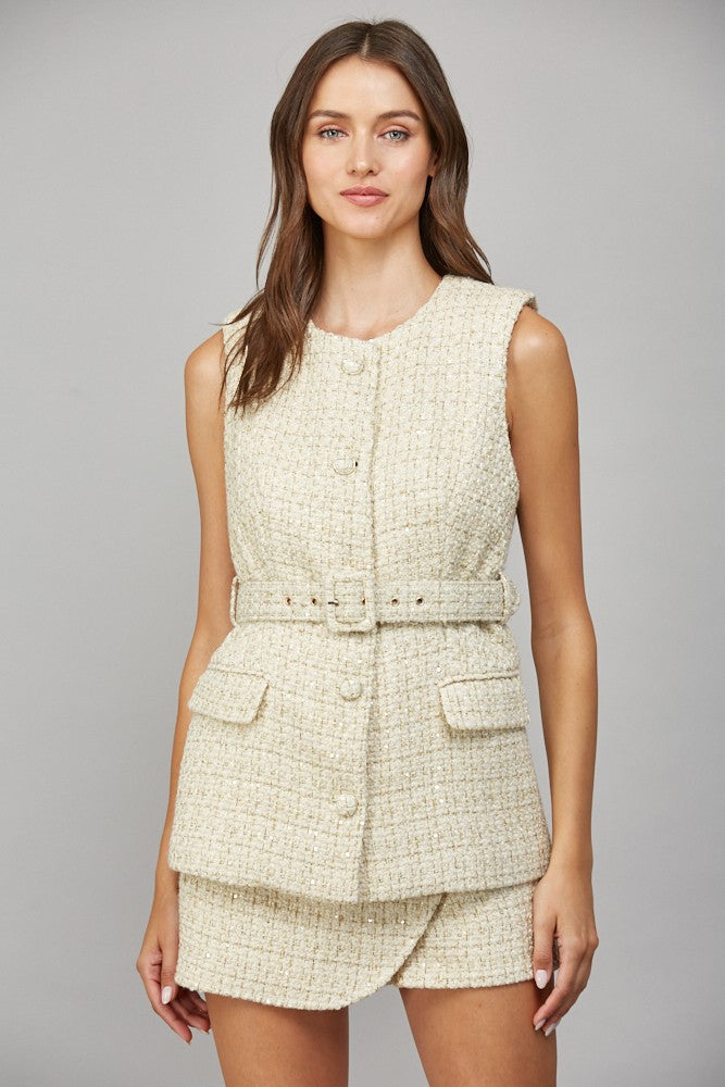 Gold Button Belted Tweed Vest