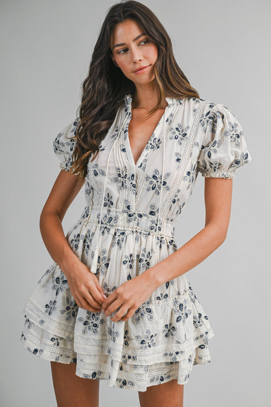 Floral Embroidered Lace Mini Ruffle Tier Dress