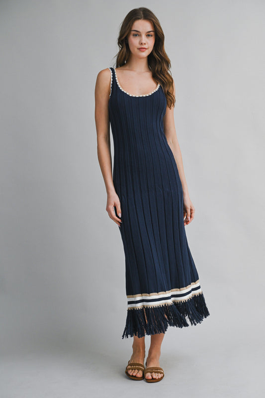 Ribbed Contrast Fringe Midi Dress