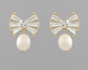 PAVE AND DANGLE PEARL BOW EARRINGS
