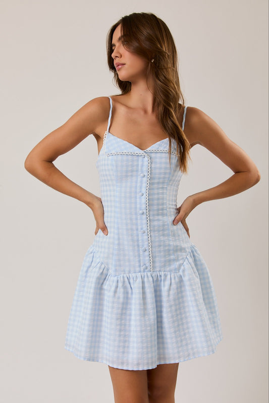 Gingham Trim Detail Mini Dress