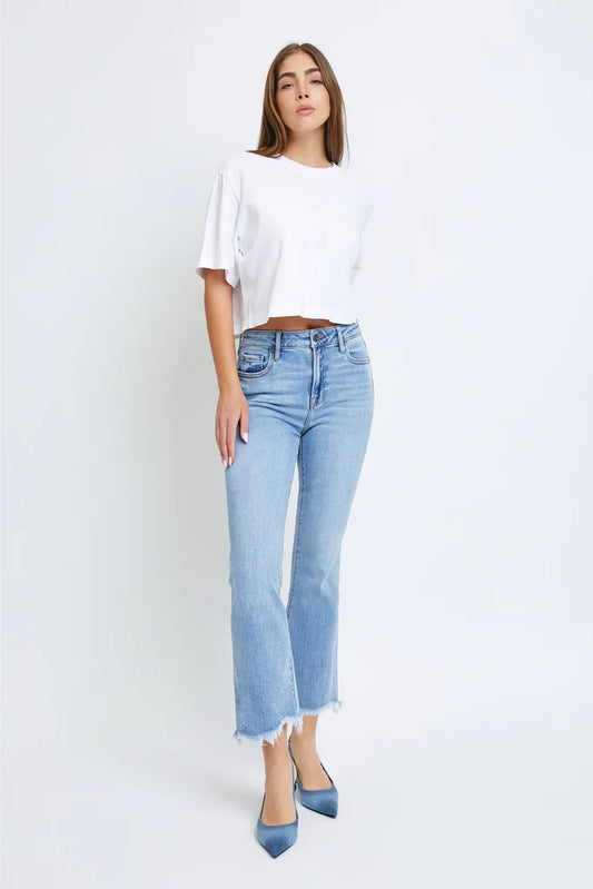 HAPPI LIGHT WASH HIGH WAIST FRAYED HEM CROP FLARE