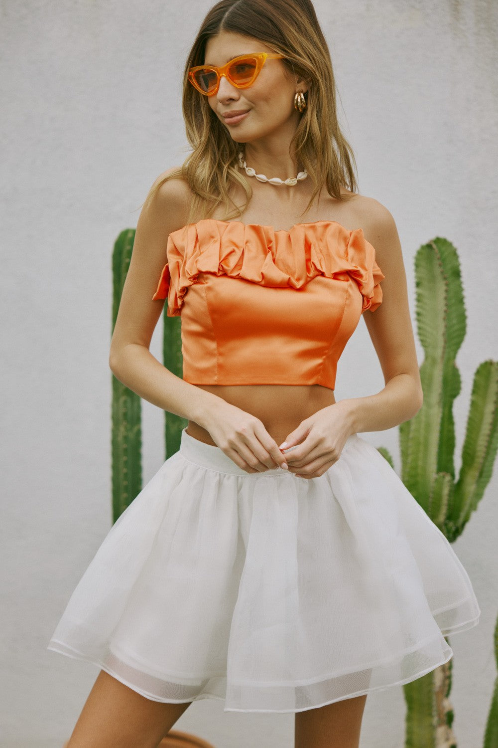 PLEATED OFF SHOULDER SATIN TOP