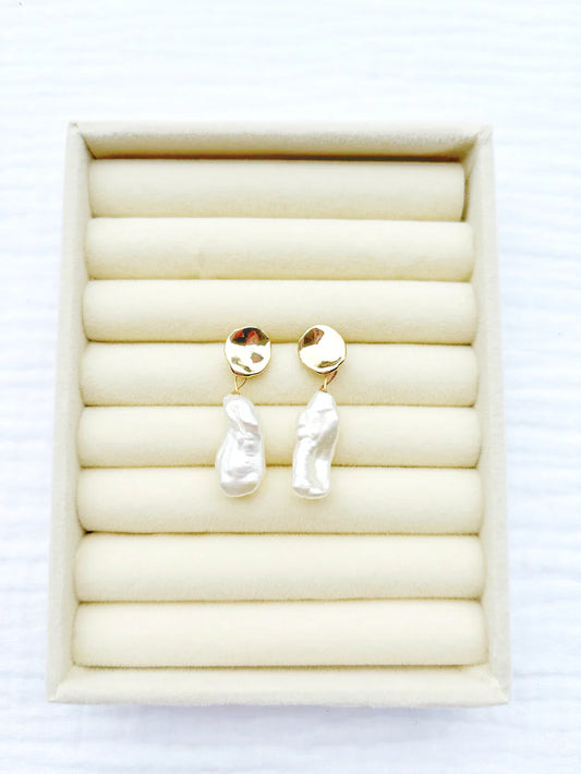 Pearl Drop Earring with Gold Hammered Post