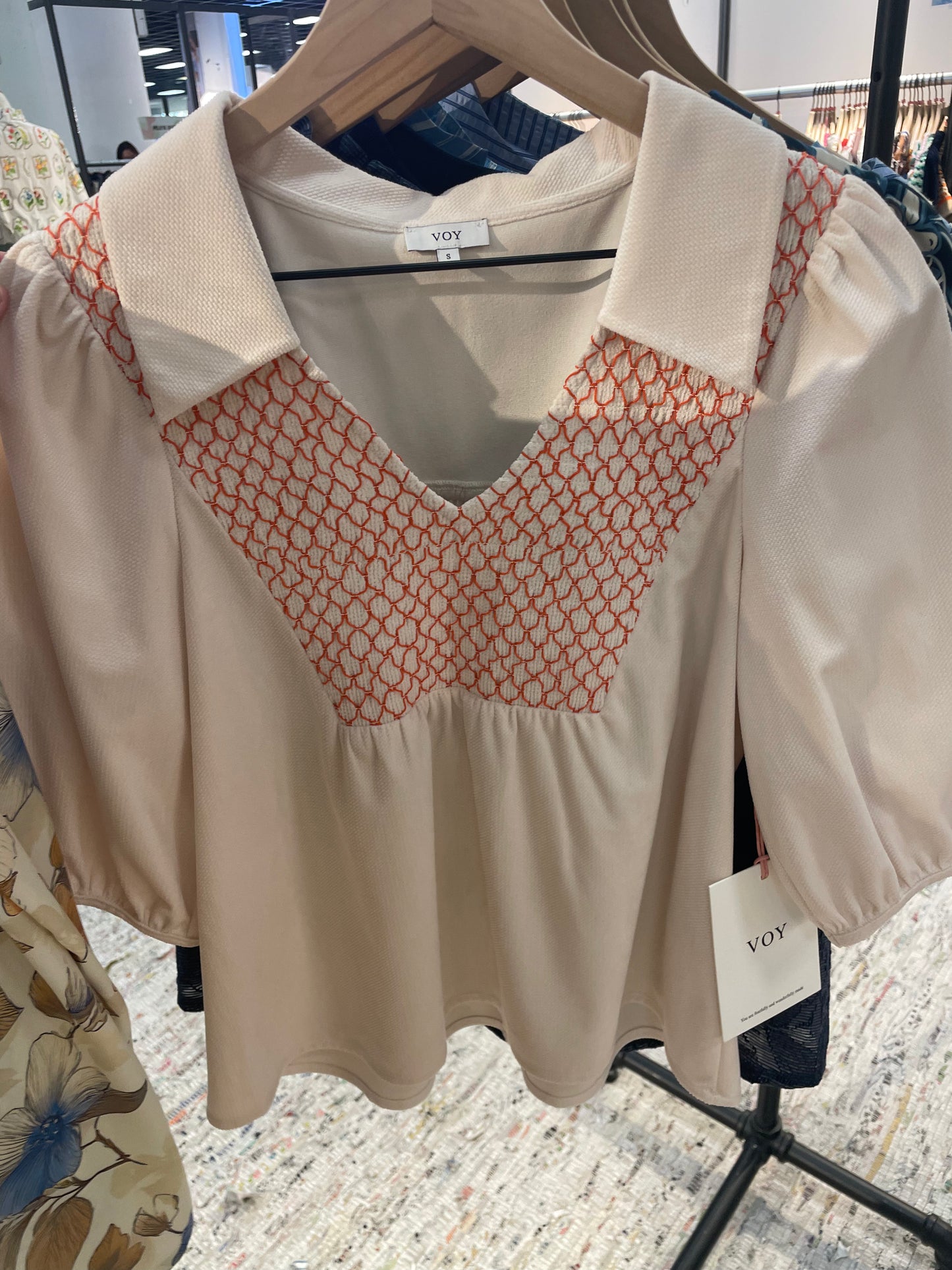 Embroidered Smocked Collared Top