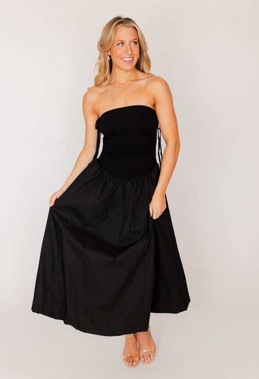 SHOULDER TIE SIDE DRAWSTRING MIDI BUBBLE DRESS